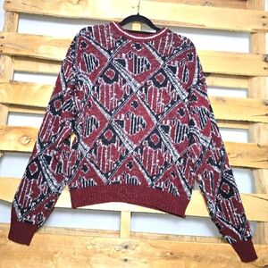 Vintage Geometric Patterned Sweater in Red and Black Size:XL